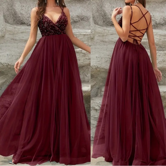 Luxe lace up back mesh sequins bodice party formal prom wedding gown dress - Picture 7 of 16